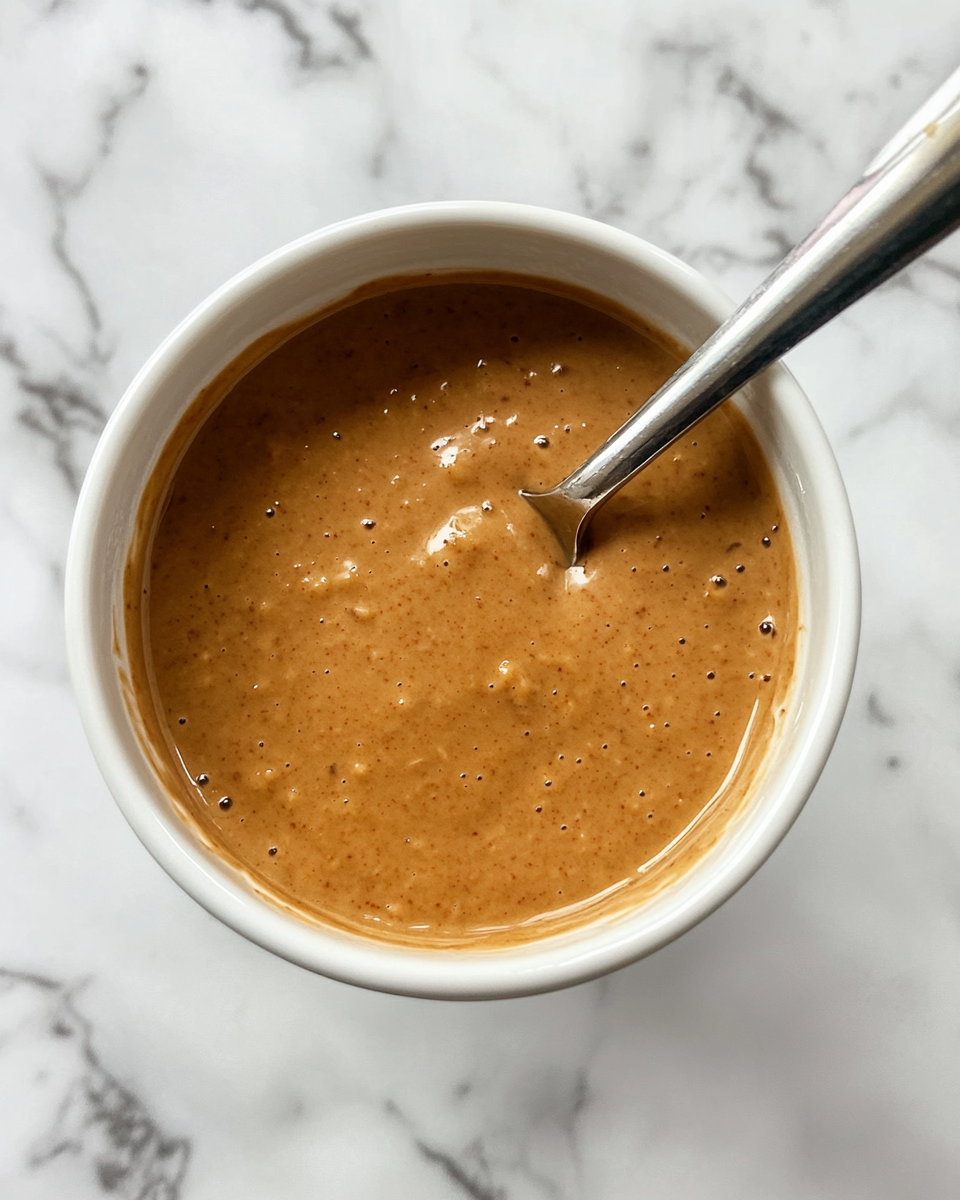 Creamy vegan Thai peanut sauce in a serving bowl