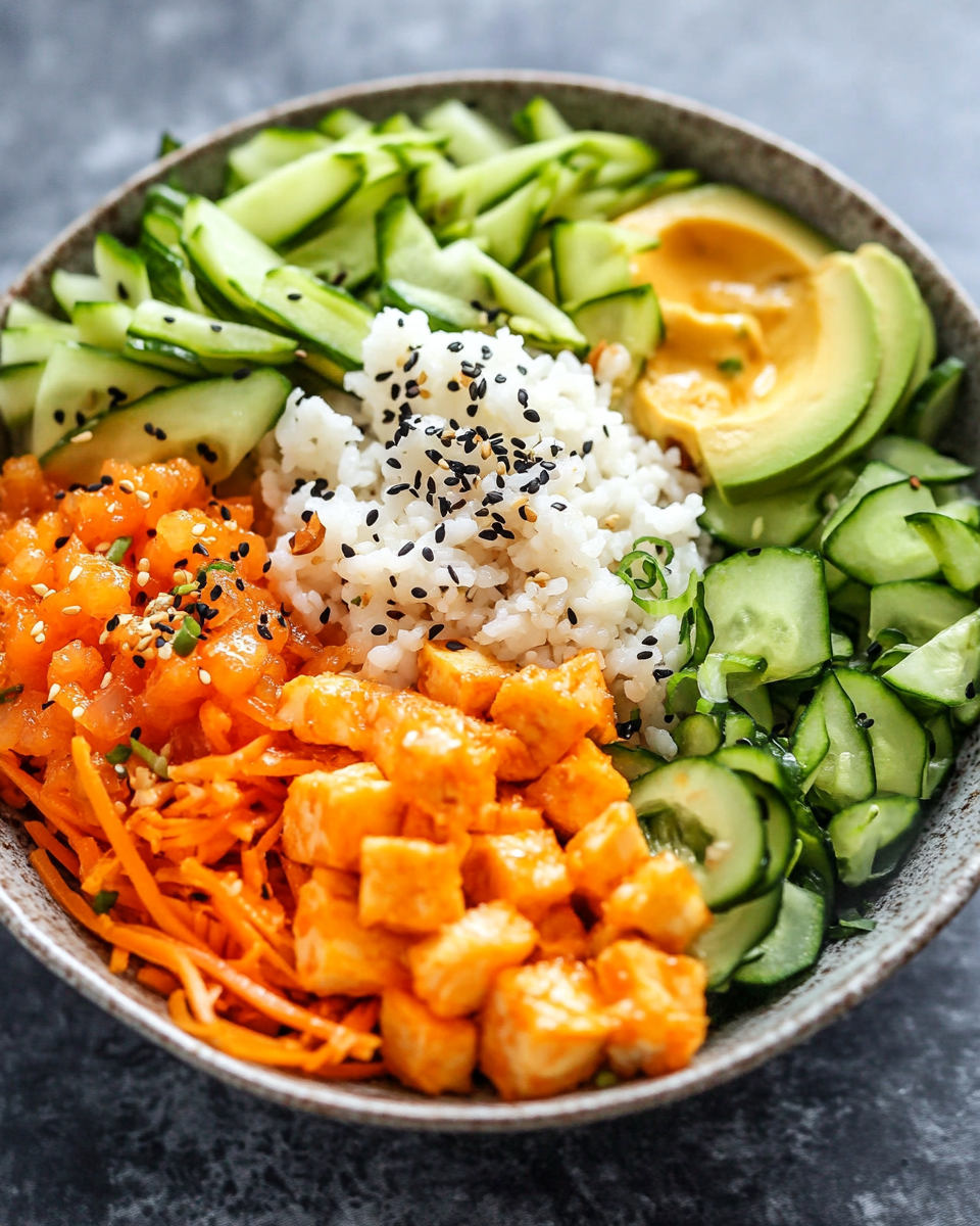 Ingredients arranged for vegetarian crunchy roll bowls