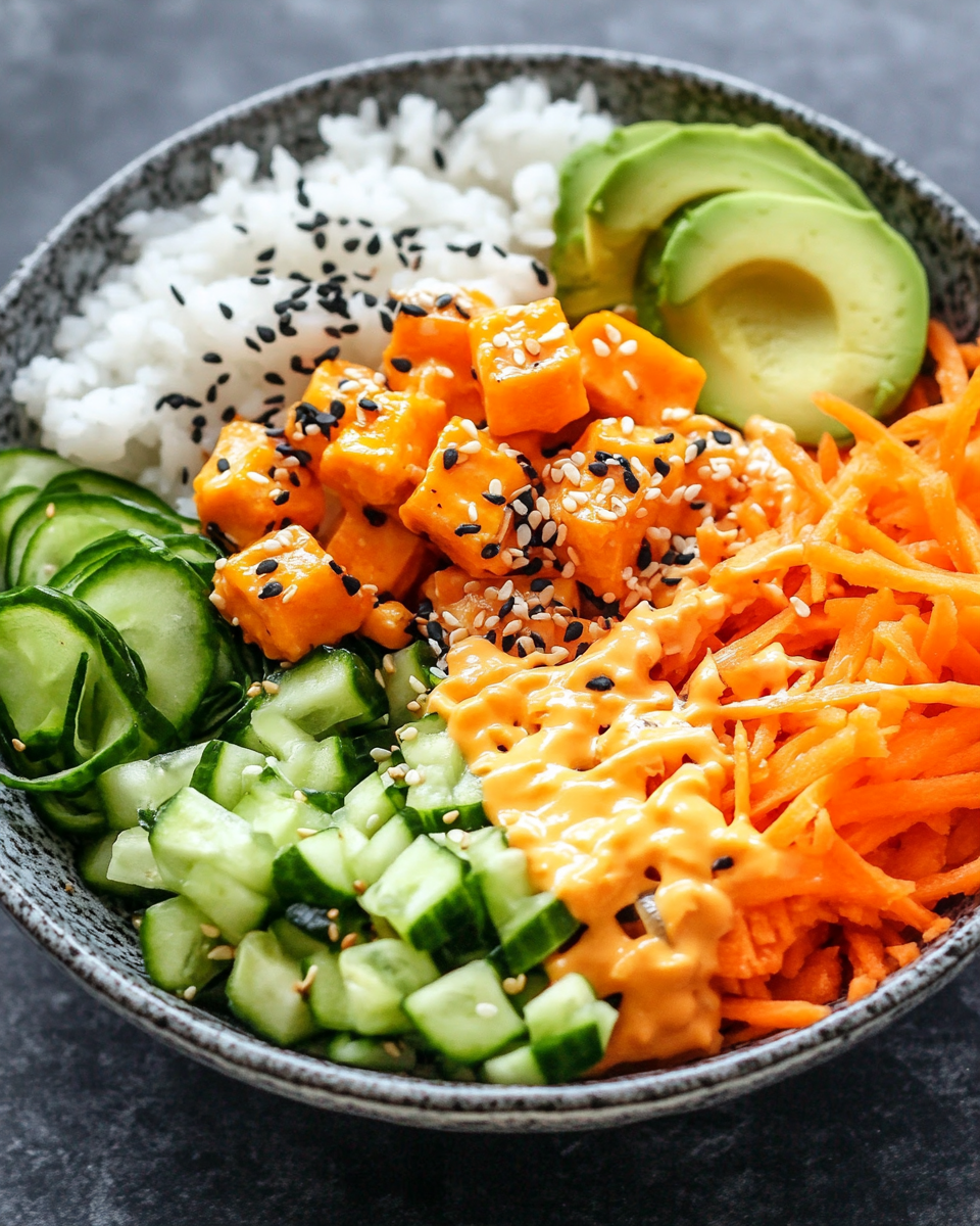 Completed vegetarian crunchy roll bowl ready to eat