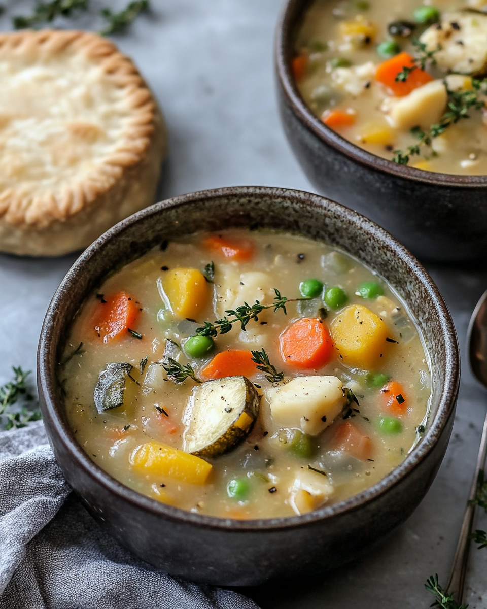 Cozy veggie pot pie soup steaming hot in a bowl