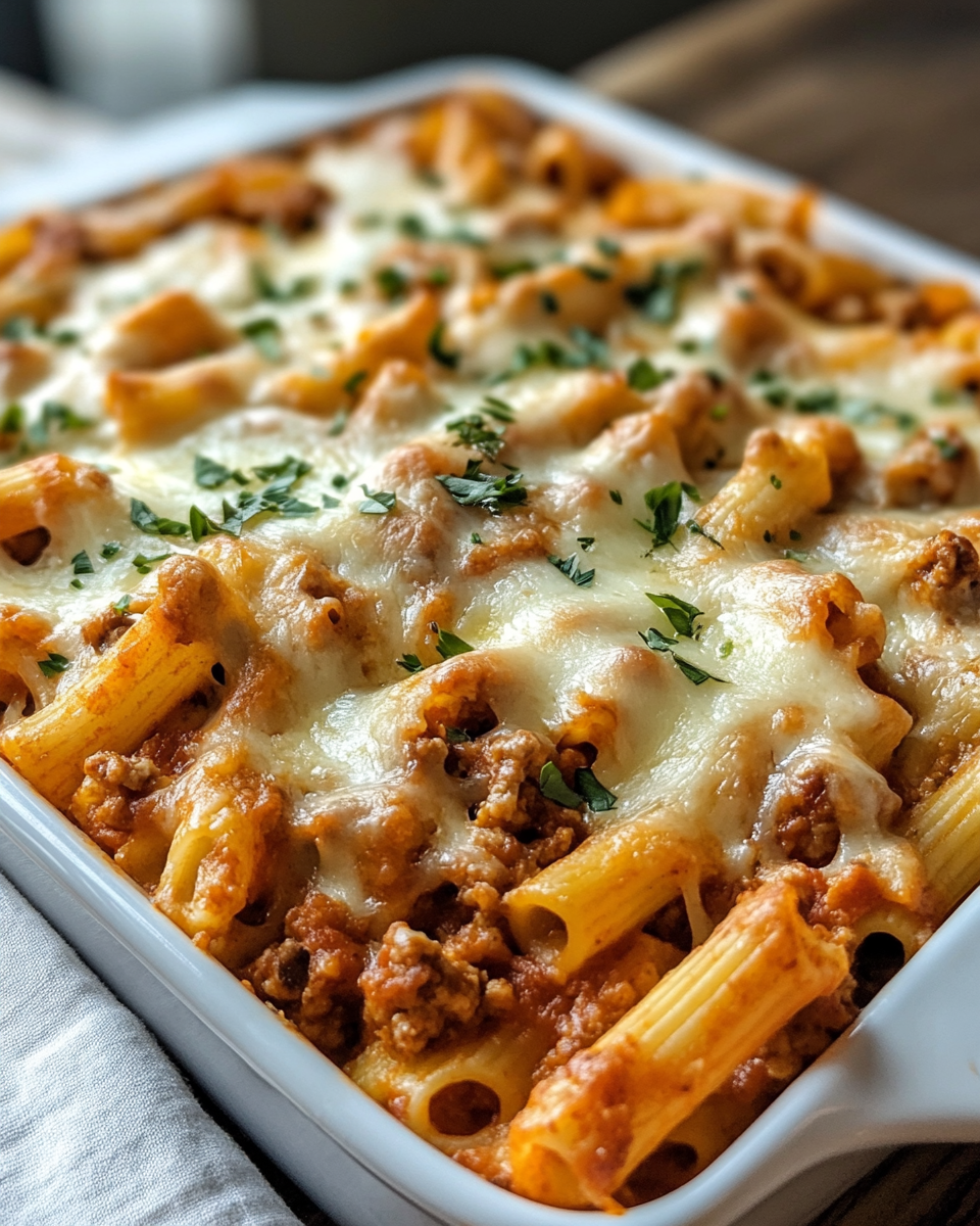 Golden crust baked ziti fresh from oven