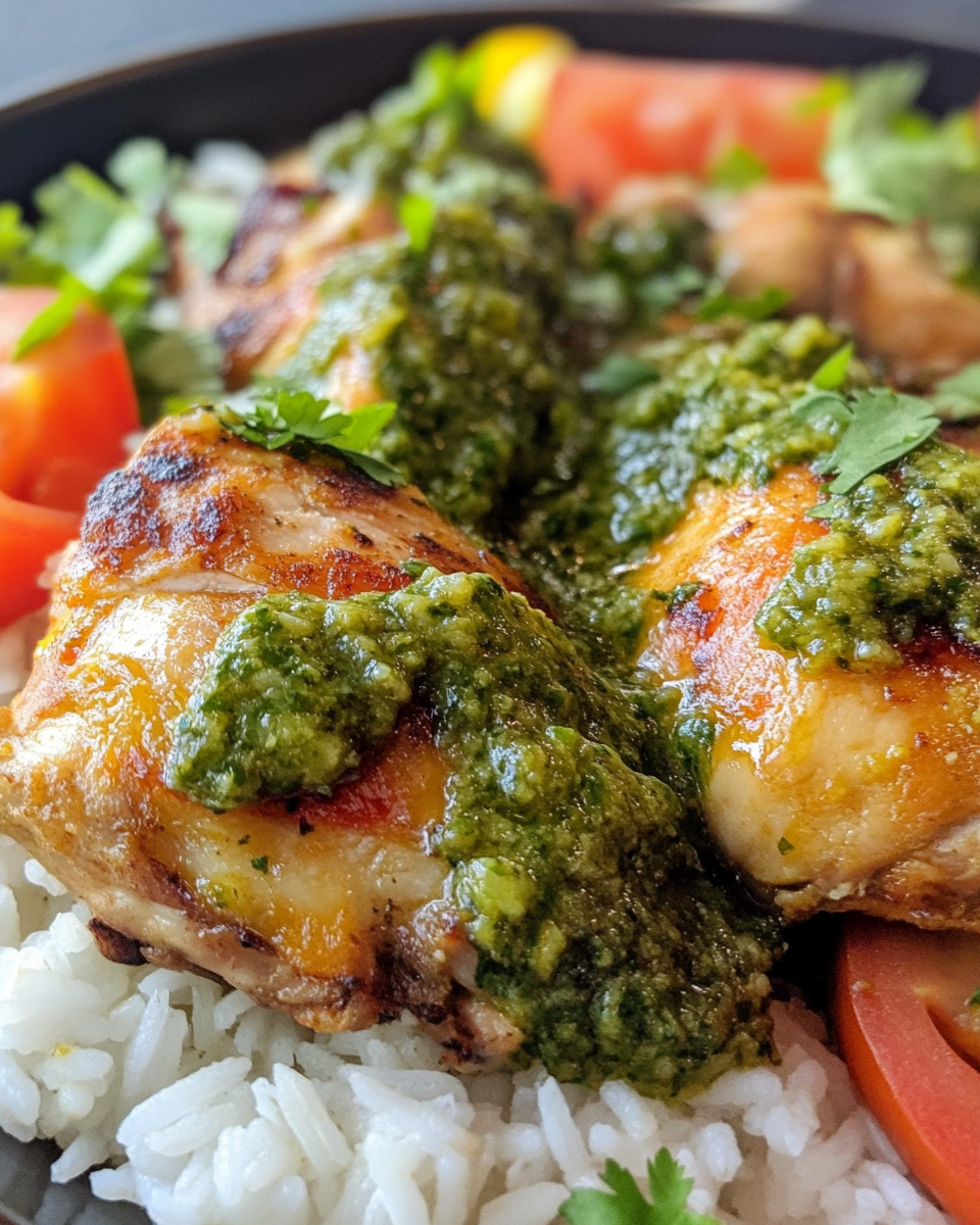 Plated Peruvian chicken with creamy green sauce ready to eat