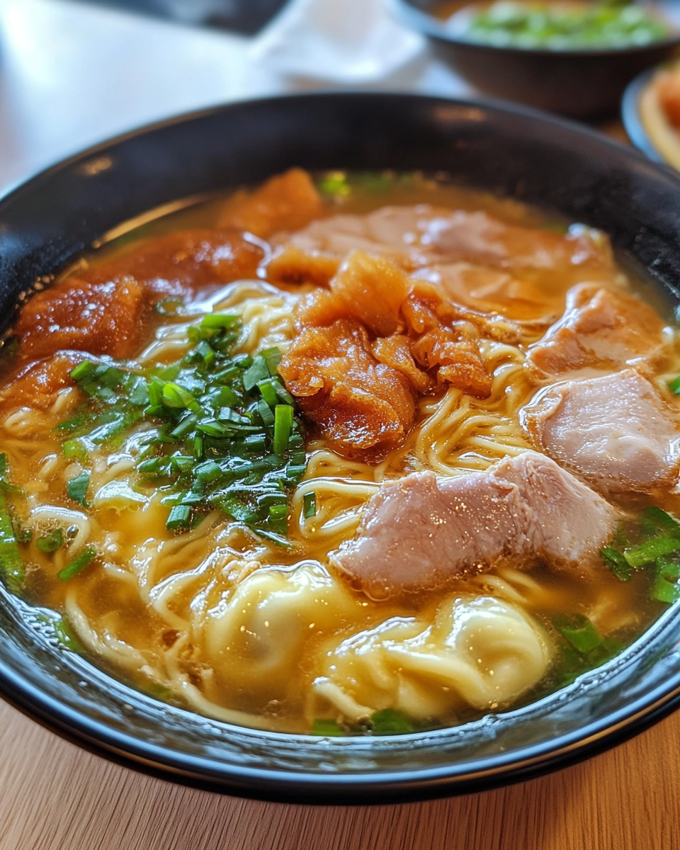 Close up of wonton char siu noodle soup with bok choy and noodles