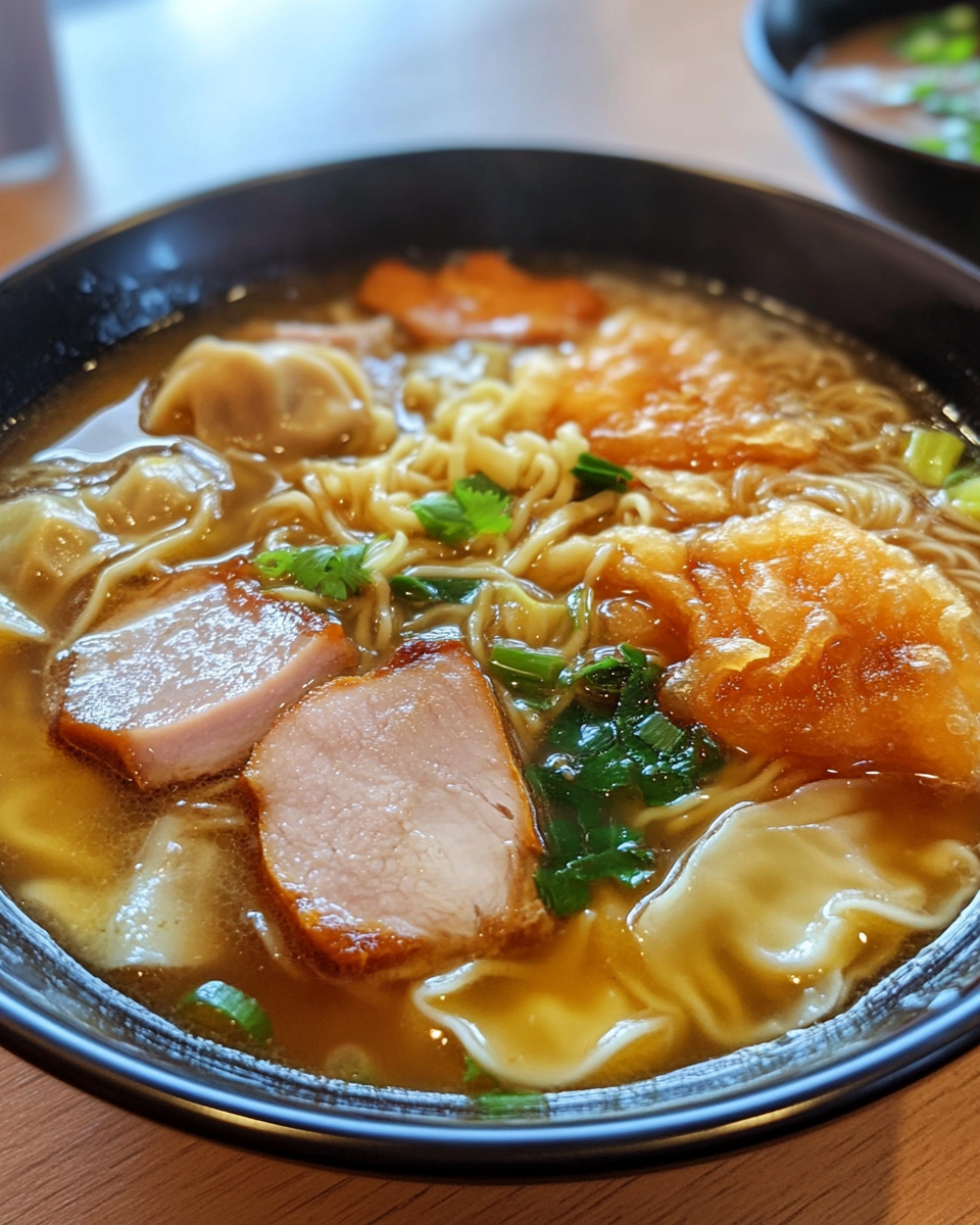 Bowl of wonton char siu noodle soup with rich broth and noodles